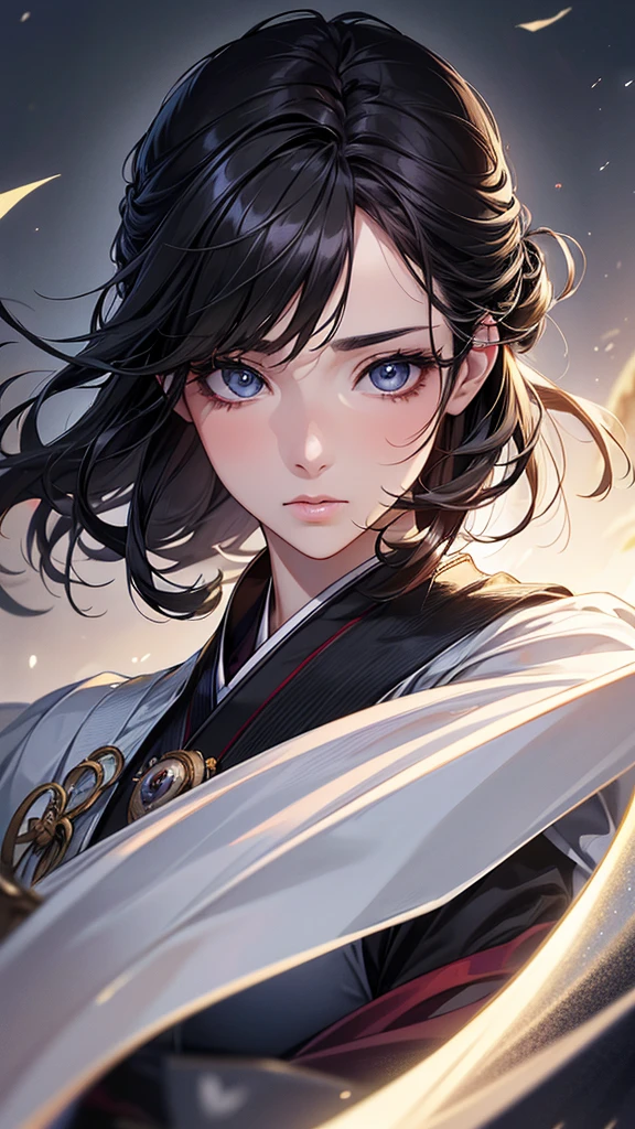 Highest quality, Ultra-high resolution, (Realistic: 1.4), Beautiful eyes, Super beautiful, Beautiful beauty, One person、Wizard, Japanese style White color、Manipulating Light、whole body、(Black Hair、Medium Hair、Updo Hair),Beautiful soldier, Eyes that beckon, Droopy eyeistress's point of view, Attractive look, Fearless smile, (Perfect Anatomy, Anatomically correct, Highly detailed skin), Dancing, snow