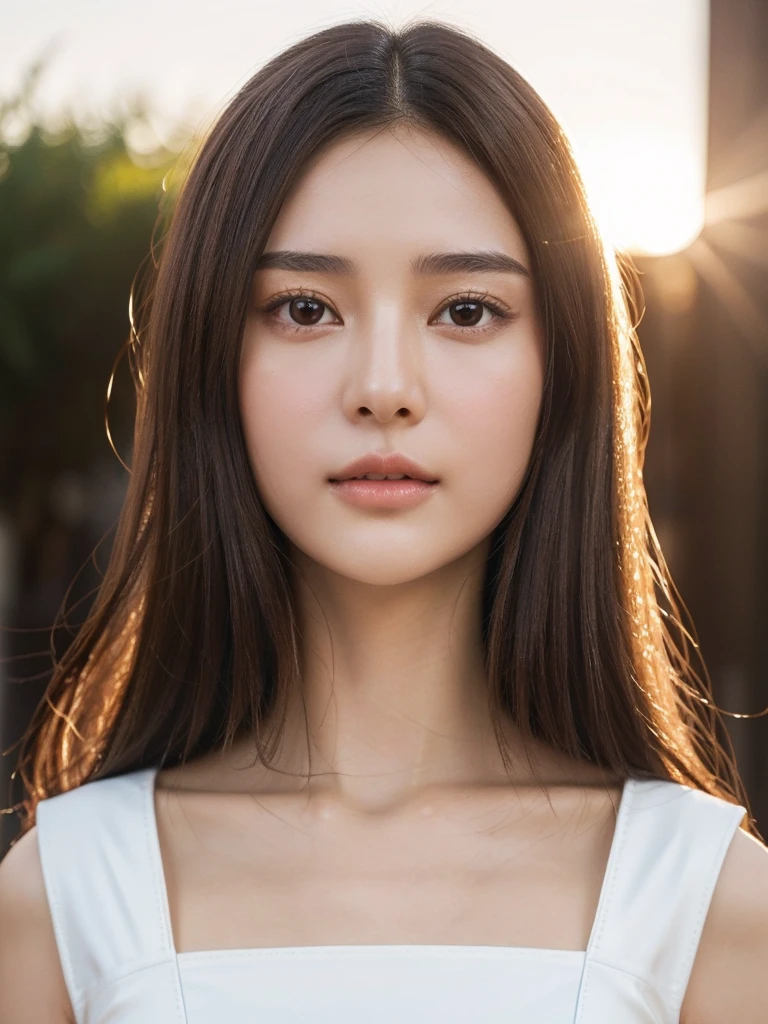 woman,moyou, solo, brown hair, brown eyes, long white hair, Beautiful Chinese Women, She has exquisite facial features and delicate skin, Rich and realistic skin texture (latex cropped top) bright glass city, prismatic, crystalized, sunlight, clear blue sky, ((gorgeous face))
