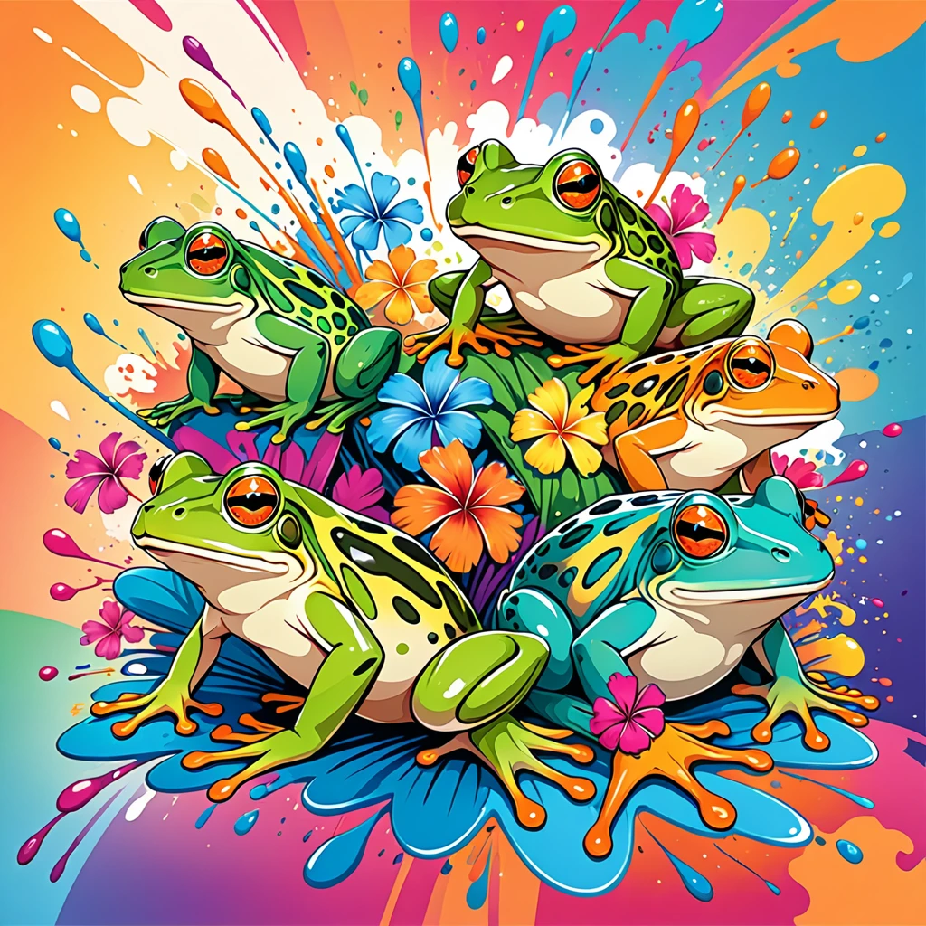 vectorial art, Colorful illustration with many frogs, At the center, swirly vibrant colors, paint splashes and smears, high détail,Hawaiian style background