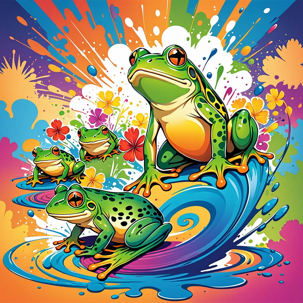 vectorial art, Colorful illustration with many frogs, At the center, swirly vibrant colors, paint splashes and smears, high détail,Hawaiian style background