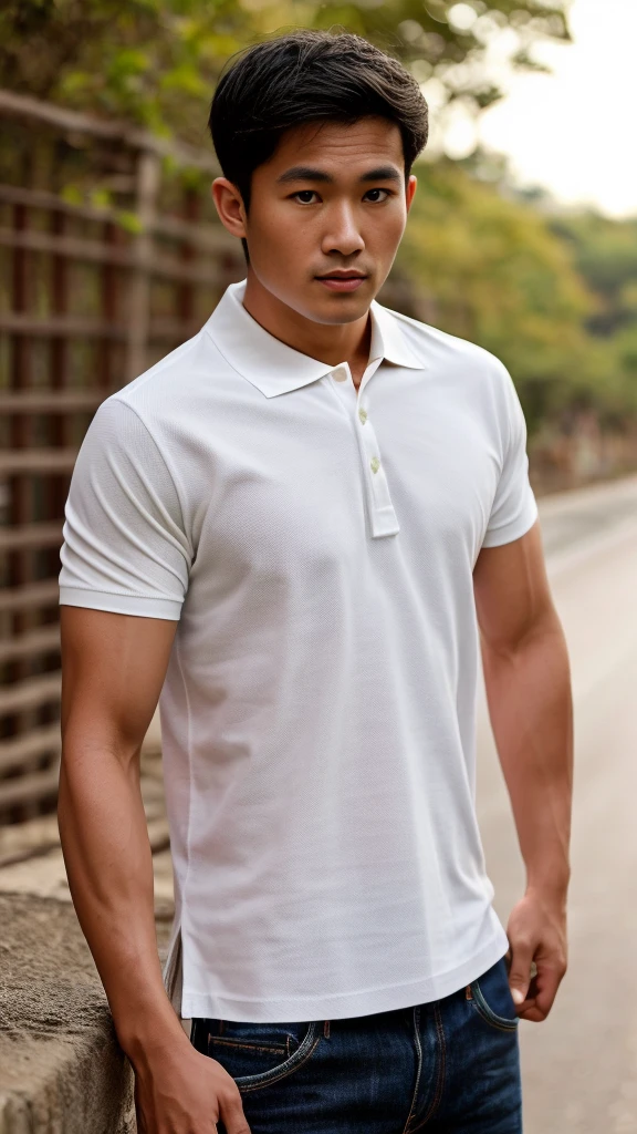Thai man ,man,He is about 30 years old..,Rough and handsome appearance,large breastsj,Big waistline,buzz cut, angry, sullen, best quality, Masterpiece,(Have muscles:4.5),(best quality,high resolution,Masterpiece:1.2),The eyes are natural and delicate..,1 person,alone,gay asian,muscle,Long legs,brave,short hair details,conjunctivitis ,strong,brown eyes, (outdoor background road :1.5),in the market,sit (White Polo Shirt:1.3),Jeans