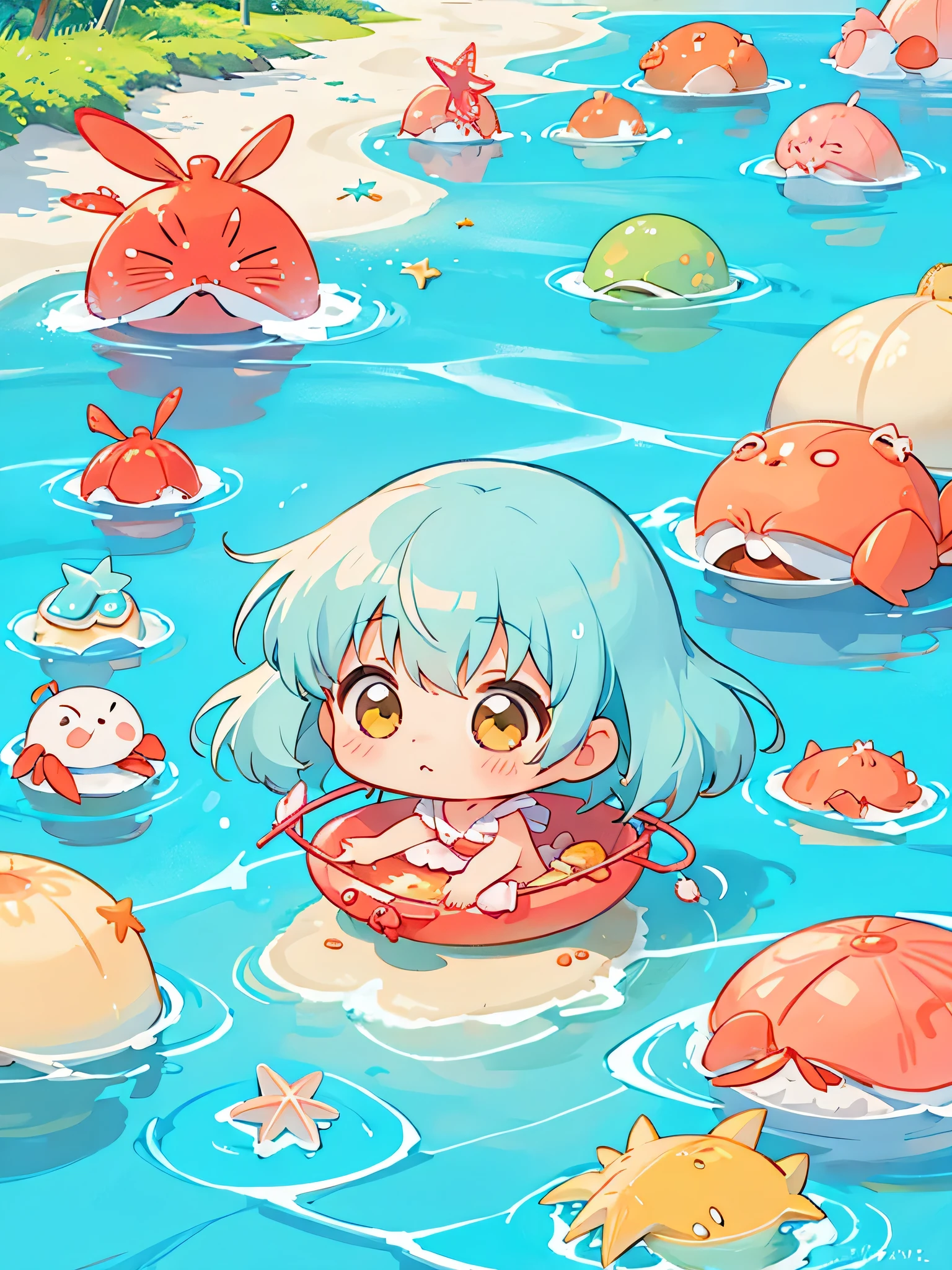 Hayao Miyazaki style, Kawaii Design, The most beautiful girl of all time、chibi, Bikini Swimwear, Beach, Cute Crab, Colorful Starfish, Beautiful shellfish,hot summer