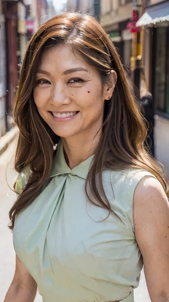 ((Highest quality, 8K, Ultra-high resolution)), ((masterpiece: 1.3)), (Perfect appearance), (Photorealism: 1.6), (JMA), (SH), (A Japanese mature woman walking down the street), (Blurred Background), (Intense light shines in), (Downtown sidewalk), ((Look here)), ((Realistic skin texture)), (Fine wrinkles appear all over the skin, Dullness, Unmoisturized skin, Wrinkles around the eyes, double eyelid, Lower eyelid tear sulcus, Crying Mole, Dimples), Slightly parted lips, Smiling Kindly, (Medium Wave Hairstyle), (Wide neckline fitted blouse), (Frill on one side), (Sleeveless blouse), (Voluptuous body), (Large Breasts), (Flared long skirt made of soft fabric), BREAK(Light yellow-green skirt),BREAK ハイヒール, (whole body),