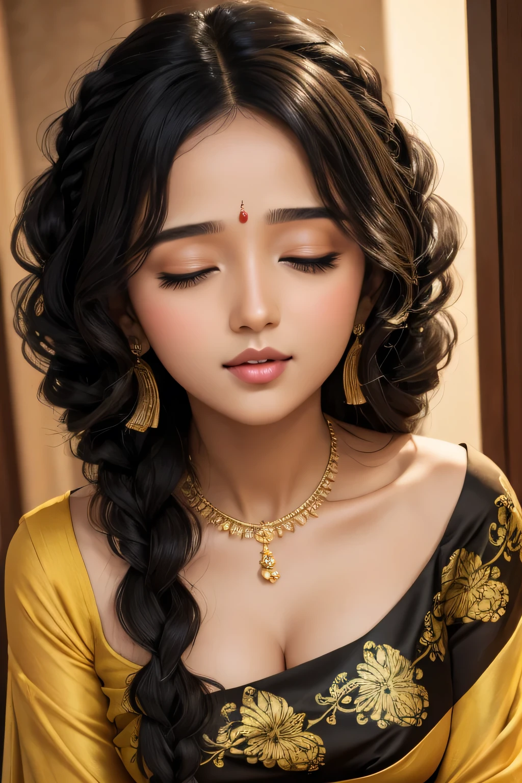 Sexy and cute woman, black curly hair, braids, low neck revealing yellow blouse, dark red saree