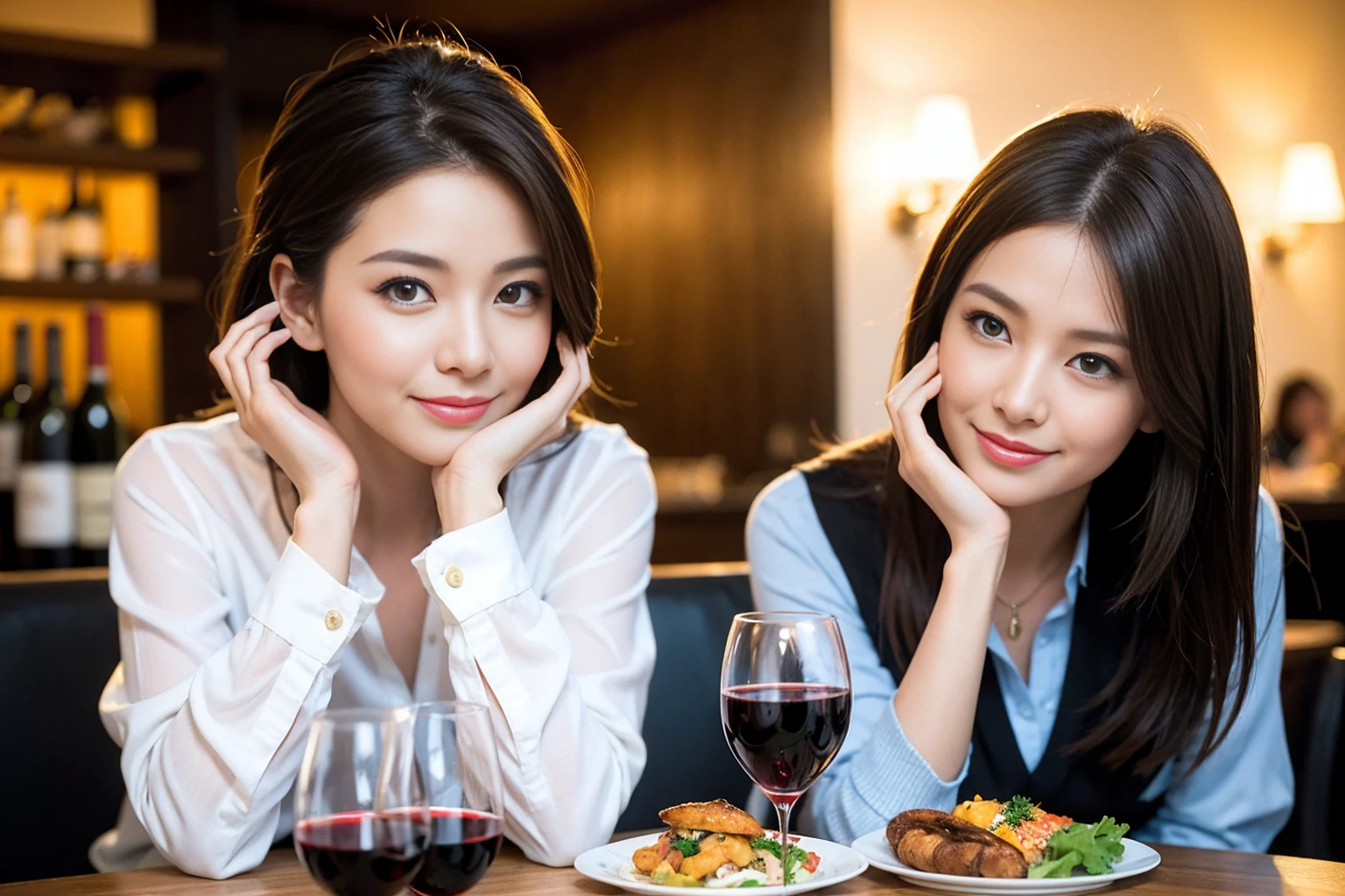 ((Highest quality、8K、masterpiece:1.3))、slimカップル、modelカップル、(Realistic, Intricate details:1.2), full-course dinner、Wine Party、Amazing view of the sunset sky and clouds、A bright smile、The wonderfulness of smile、Bright image、The beauty of wine, Beautiful Face, blue eyes, The light shines on your face, Blushing, short hair,Bright Face、 (Age 37), 39 years old, red wine 、Appetizers、Italian food、Wine bottle、Champagne、sparkling wine、Two beauties、Brown Hair、Shortcuts、Long sleeve shirt、dress、Beautiful woman 1, (slimな顔), (The body is slim), (Brown Hair), (Shortcuts), cheeks turn a little red,Attractive beauty、restaurant, In a prominent place (From the waist up) Nova Frog Style, actress, model, Upper Body, White wine, slim, wine glass, 中央に置かれたwine glass, smile, (smile: 1.15), Beautiful fine grain, Depth f/2,saturation, High Contrast, Strong light and shadow,Moist Body:1.5、3D texture、Delicate eyes、Brown Hair、The hair is very shiny、