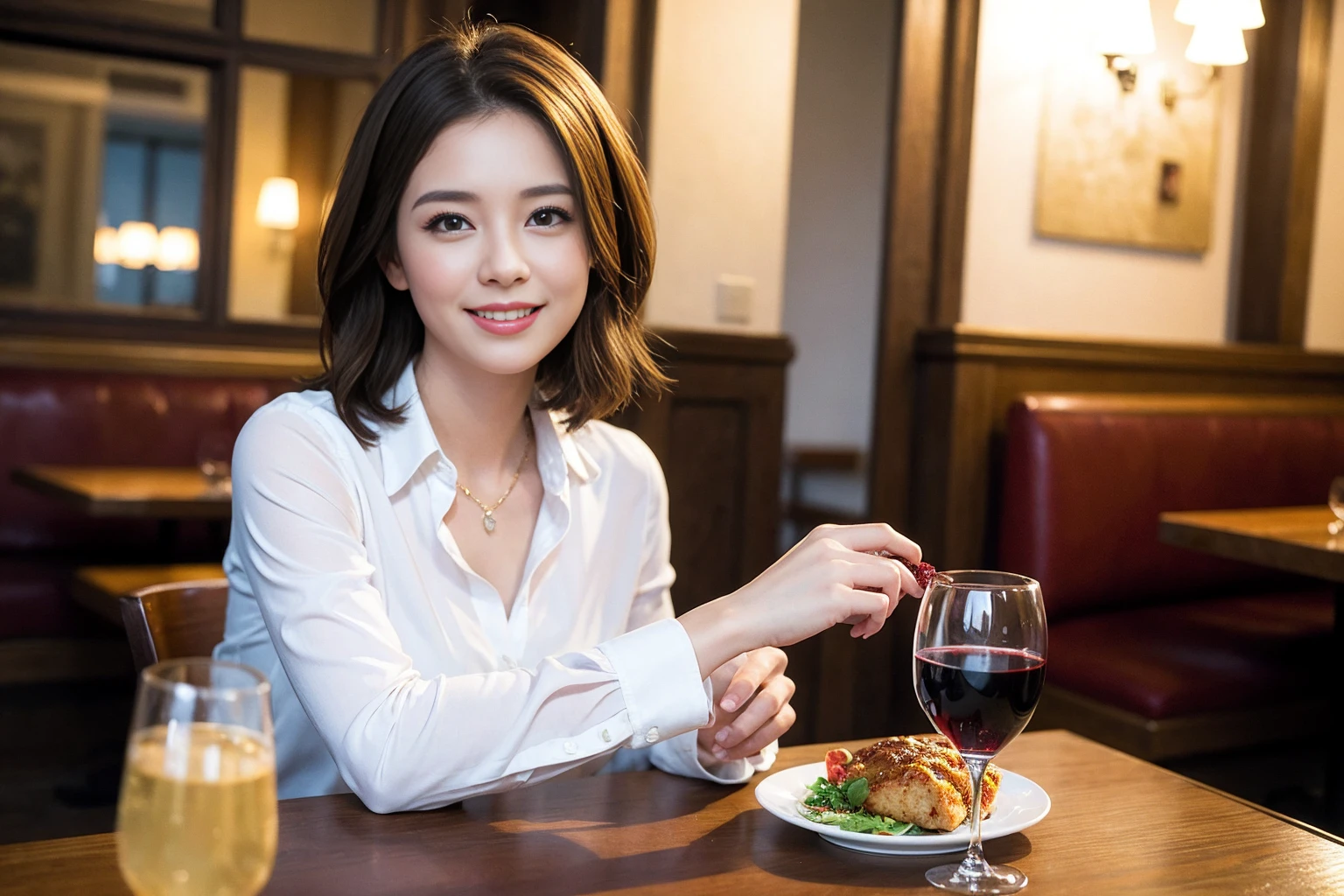 ((Highest quality、8K、masterpiece:1.3))、slimカップル、modelカップル、(Realistic, Intricate details:1.2), full-course dinner、Wine Party、Amazing view of the sunset sky and clouds、A bright smile、The wonderfulness of smile、Bright image、The beauty of wine, Beautiful Face, blue eyes, The light shines on your face, Blushing, short hair,Bright Face、 (Age 37), 39 years old, red wine 、Appetizers、Italian food、Wine bottle、Champagne、sparkling wine、Two beauties、Brown Hair、Shortcuts、Long sleeve shirt、dress、Beautiful woman 1, (slimな顔), (The body is slim), (Brown Hair), (Shortcuts), cheeks turn a little red,Attractive beauty、restaurant, In a prominent place (From the waist up) Nova Frog Style, actress, model, Upper Body, White wine, slim, wine glass, 中央に置かれたwine glass, smile, (smile: 1.15), Beautiful fine grain, Depth f/2,saturation, High Contrast, Strong light and shadow,Moist Body:1.5、3D texture、Delicate eyes、Brown Hair、The hair is very shiny、
