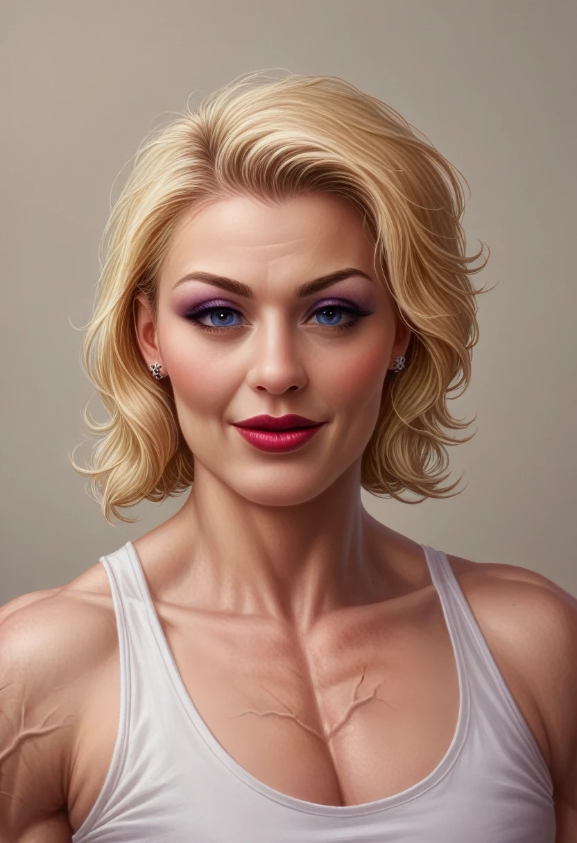 (muscular blonde woman_bustycleveage_smile openmouth_lipstick_eyeliner) (detailed veins along body:1.6) hyperrealistic art cinematic film still lower angle photography in the style of detailed hyperrealism photoshoot . () Extremely high-resolution details, photographic, realism pushed to extreme, fine texture, incredibly,