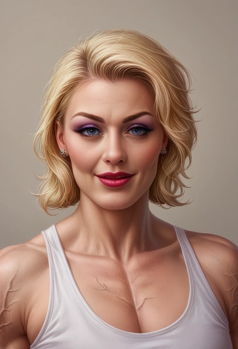 (muscular blonde woman_bustycleveage_smile openmouth_lipstick_eyeliner) (detailed veins along body:1.6) hyperrealistic art cinematic film still lower angle photography in the style of detailed hyperrealism photoshoot . () Extremely high-resolution details, photographic, realism pushed to extreme, fine texture, incredibly,
