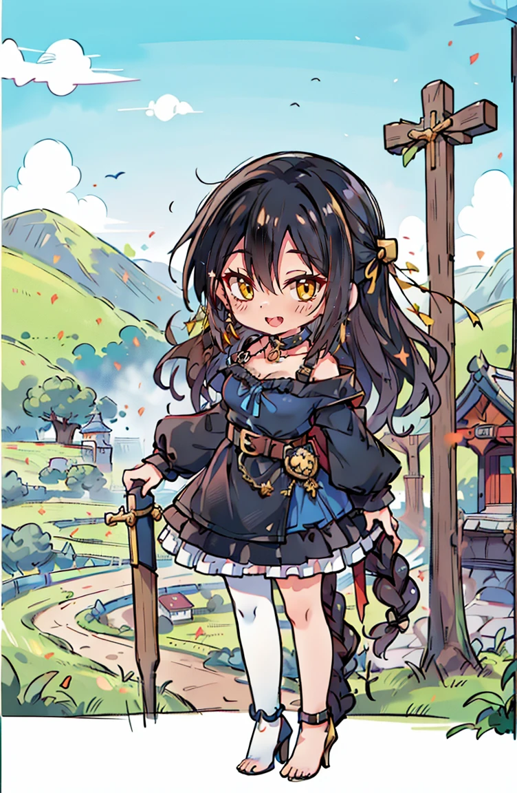 (masterpiece:1.2), (high quality:1.2), (hui xiyi:0.75), rekkyo sensen, rekkyou sensen, (full body, chibi girls:1.45), solo focus, girls with((black hair, tits cleavage, exposed breasts, breasts close up, dress, (blue clothes:1.3), ribbon belt, off-shoulder sleeves, long sleeves, furry jacket, frills shirt, frills camisole, straps, (rosary choker, golden rosary, cross:1.05), (high heels, black shoes, barefoot wearing, left legwear, white legwear:1.67), (long wavy hair, one side up:1.4))), background with ((architecture, blue sky, building, bush, castle, village, no humans, cloud, cloudy sky, day, fence, field, garden, grass, hill, house, lamppost, landscape, mountain, mountainous horizon, nature, no humans, outdoors, scenery, shrine, sky, tower)), cowboy shot, anime, anime style
