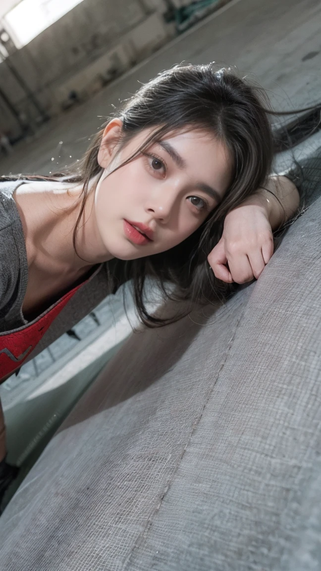 21yo girl, gray hair, (outschool:1.5), (looking foward), (hand on chin), (prone under of viewer:1.6), (angle eye level:1.8), natural big breast, plump body,single sidelock hairpin blush, modern cinematic lighting, ray tracing, drop shadow wide shot UHD, textured skin, high details, best quality 4K, prone pose, setup face, sad, Grunge style create a photo realistic image that the viewer has never envisioned before,the image should demonstrate extreme creativity,imaginative,bold,inspiring,original in subject,original in style,amazing composition,intricately detailed,absurdly complex.