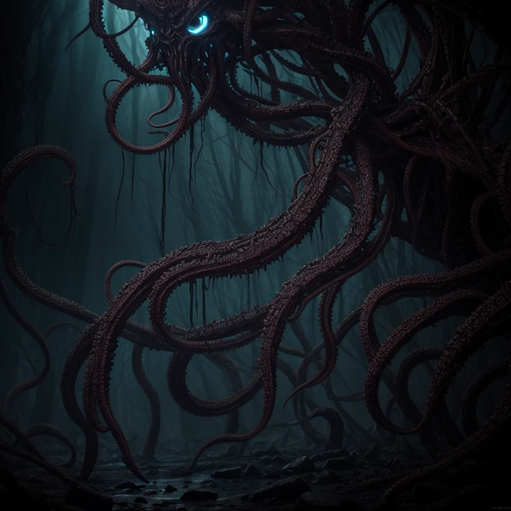 A humanoid eldritch creature, highly detailed, intricate tentacles, glowing eyes, otherworldly features, dark fantasy, moody lighting, cinematic composition, chiaroscuro lighting, deep colors, mysterious atmosphere, digital art, concept art style