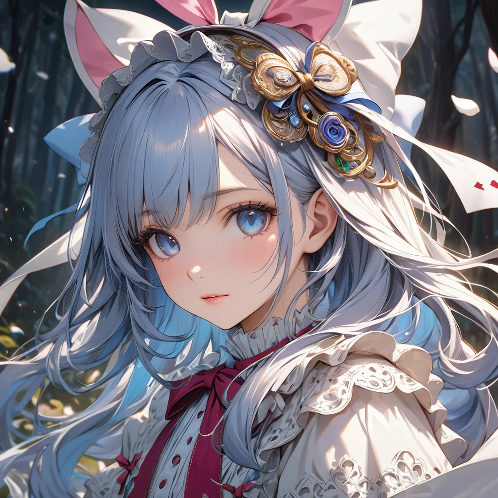 One girl, masterpiece, Highest quality, 8K, Detailed skin texture, Detailed cloth texture, Beautifully detailed face, Intricate details, Super detailed, Alice in Wonderland, (A ribbon on her head:1.1), Upper Body