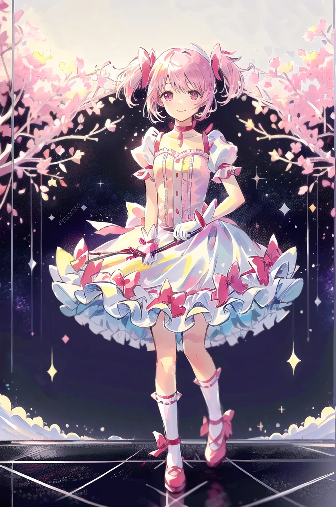 (masterpiece, Highest quality, detailed:1.3),(photograph:1.3), HD transparent background, High Detail, Madoka Kaname,cute,One girl, View your viewers, sketch, Flat Color,short hair, choker, smile,Pink and white dress,