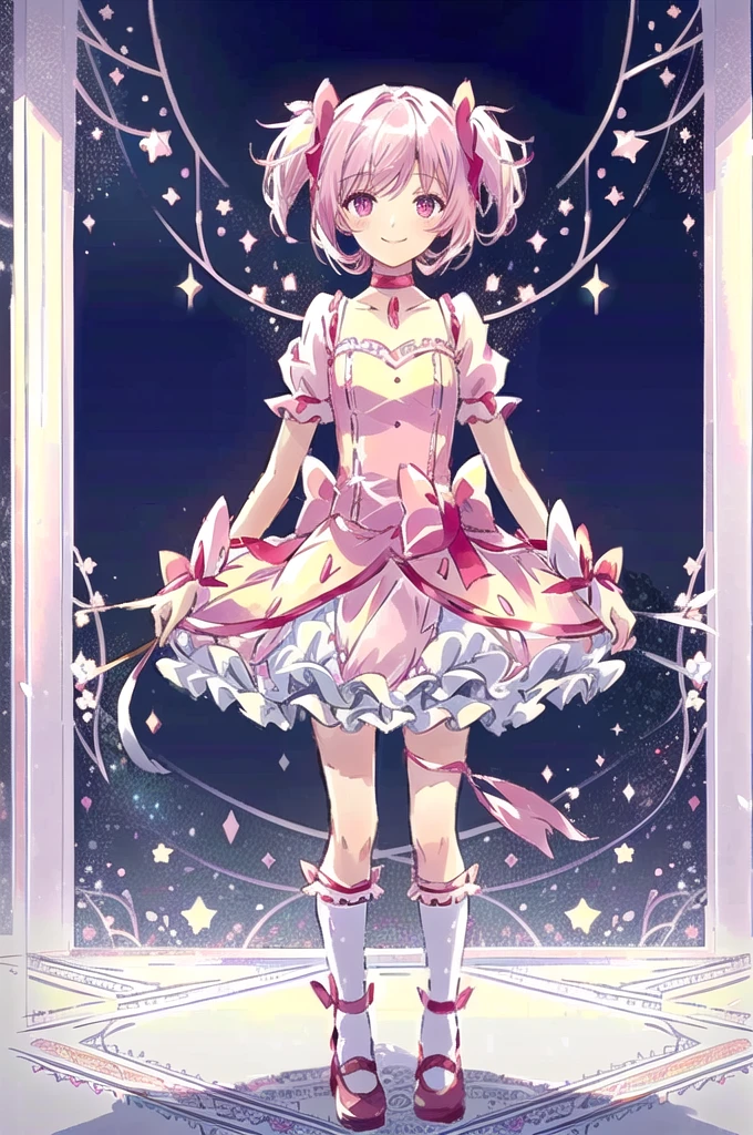 (masterpiece, Highest quality, detailed:1.3),(photograph:1.3), HD transparent background, High Detail, Madoka Kaname,cute,One girl, View your viewers, sketch, Flat Color,short hair, choker, smile,Pink and white dress,