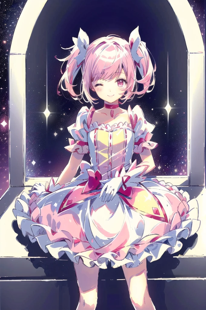 (masterpiece, Highest quality, detailed:1.3),(photograph:1.3), HD transparent background, High Detail, Madoka Kaname,cute,One girl, View your viewers, sketch, Flat Color,short hair, choker, smile,Pink and white dress,