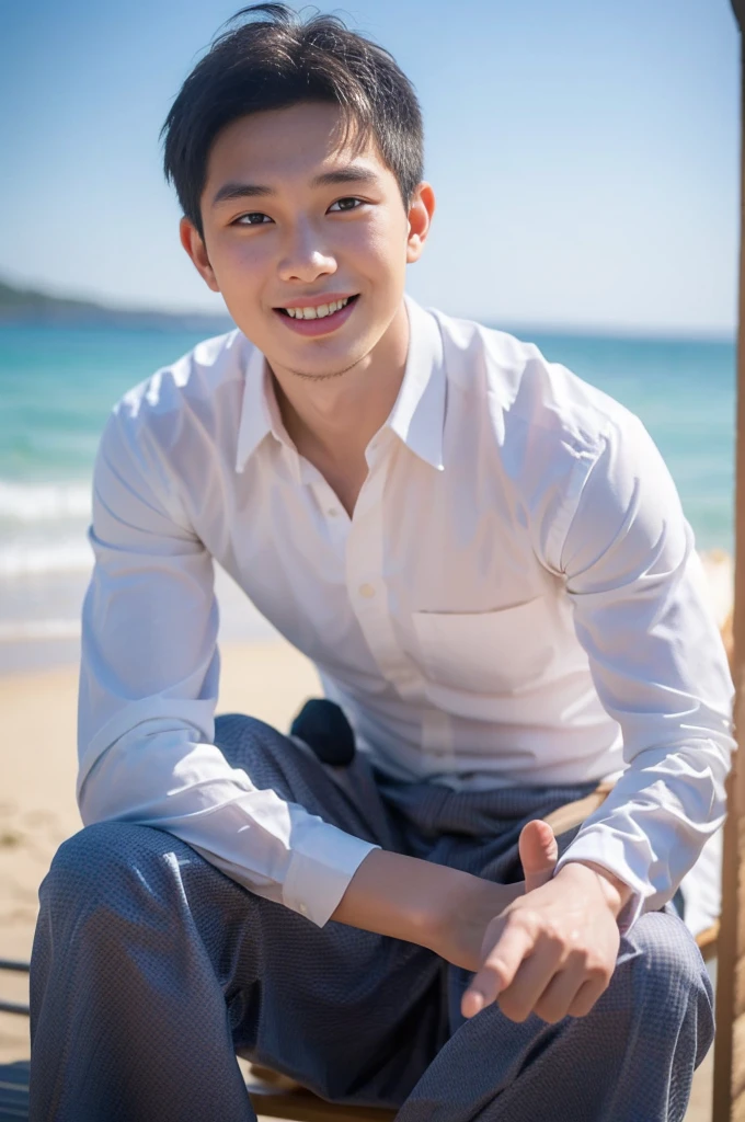 ((Highest quality, 8K, Masterpiece: 1.3))、Thailand Laos Burma Asia, Thai man, A handsome Asian rugby player with short hair, a muscular beard, and big muscles., 1A man who has、 yo、Good appearance、Beautiful nose、smile、 Detailed eyes and face、beautiful light、(studio)、high resolution、(Look at the viewer.)、Fine mouth、smile、whole body: 1.5, perfect shape: 1.3, looking at camera ,Gray button-down shirt , seaside beach sunshine looking at the sea