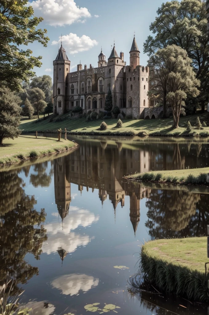 2ruined castle facing a lake, where its reflection hits the water and reflects on this in its glory days