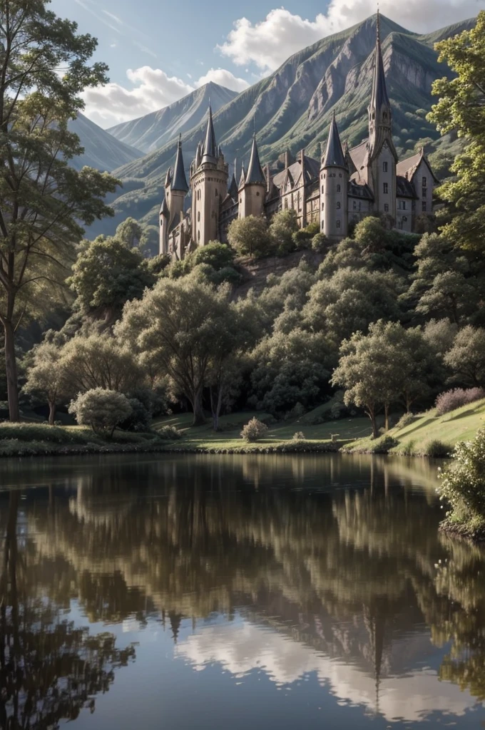 2ruined castle facing a lake, where its reflection hits the water and reflects on this in its glory days