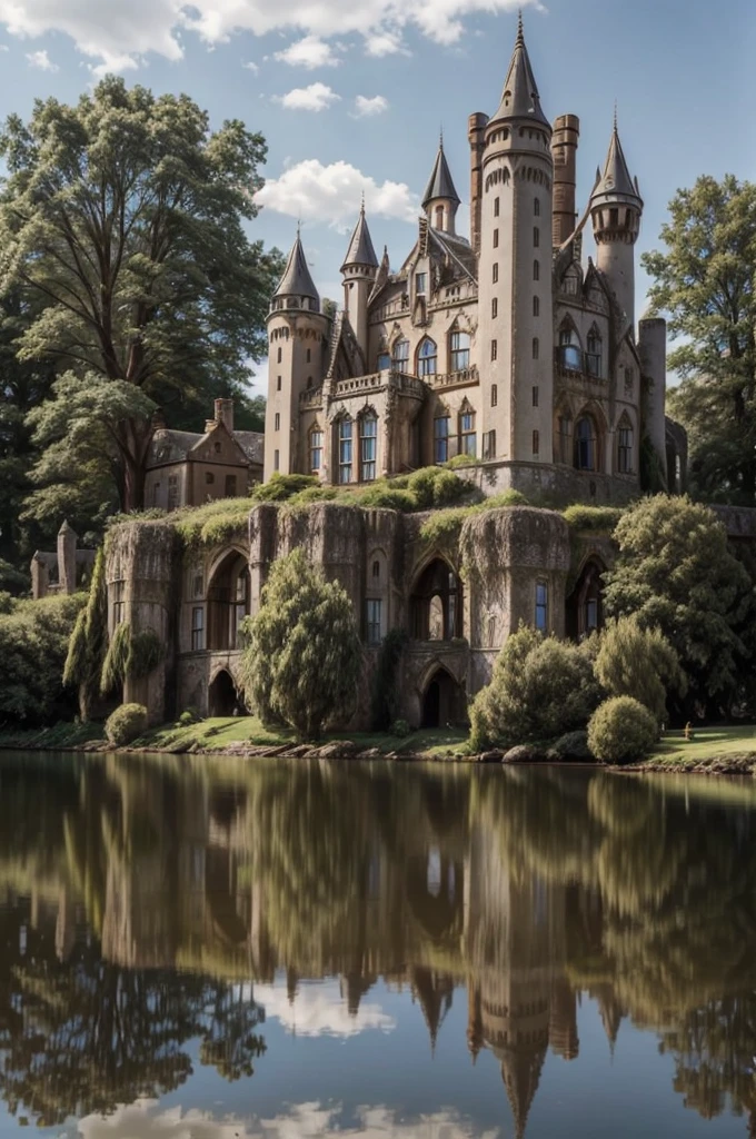 2ruined castle facing a lake, where its reflection hits the water and reflects on this in its glory days  