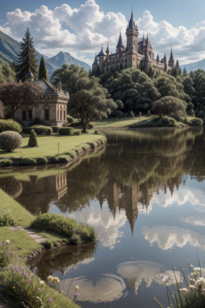 2ruined castle facing a lake, where its reflection hits the water and reflects on this in its glory days