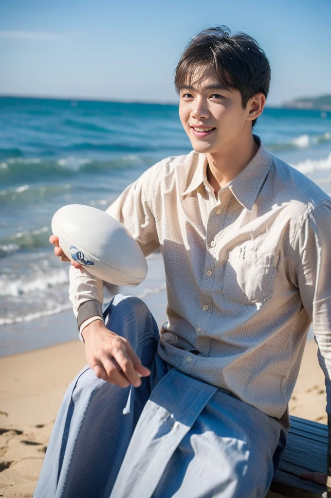 ((Highest quality, 8K, Masterpiece: 1.3))、Thailand Laos Burma Asia, Thai man, A handsome Asian rugby player with short hair, a muscular beard, and big muscles., 1A man who has、 yo、Good appearance、Beautiful nose、smile、 Detailed eyes and face、beautiful light、(studio)、high resolution、(Look at the viewer.)、Fine mouth、smile、whole body: 1.5, perfect shape: 1.3, looking at camera ,Gray button-down shirt , seaside beach sunshine looking at the sea