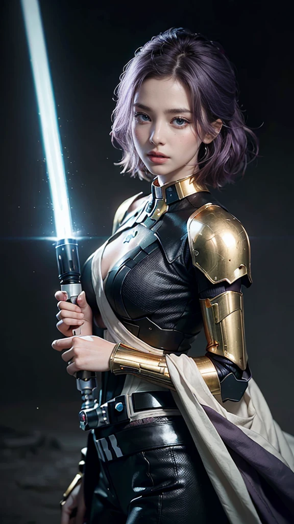 (reality: 1.4), (RAW Photos, Highest quality), （Jedi Knight ）(reality的, Photorealistic Photography: 1.3), Highest quality, Very detailed, masterpieceハイパーディテール, shape, 1 Girl, Made as a human, smile, purple Hair, purple Clothes, purple, ((White lightsaber in hand, （女将軍Jedi Knight ）Grab a lightsaber)), upper_body, Dynamic Angle, World Mastery Theatre, Flying Shorthair, Fluorescent Center, Dynamic fire background, Highest quality, ((Very detailed CG ユニフォーム 8k 壁紙)), ink, wonderful, Cinema Lighting, lens_Flare, wuxia_style、"((超reality的)) Jedi Cyborg, Looks like an empty mountain, ((Mecha Gold Body)), ((Translucent glass limbs)), Mechanic&#39;Costume, ((Fighting Pose)), Dynamic Lighting, Complex reflections, ((エッジの効いたサイバーパンクな女将軍Jedi Knight)).((Wielding a white lightsaber）、（Big eye、Well-formed face）smile,"masterpiece, Highest quality, 1 Girl, Full body portrait, Sensual pose, eye, Multicolored Hair,Sculpted legs and seductive curves, ,Medium milk beautiful milk, Beautiful Face,（女将軍Jedi Knight ）but（A glowing white lightsaber pointed at the viewer）、（Sexy thighs、nipples protrude a little,,、I can see the muscles.、A tight waist is sexy）