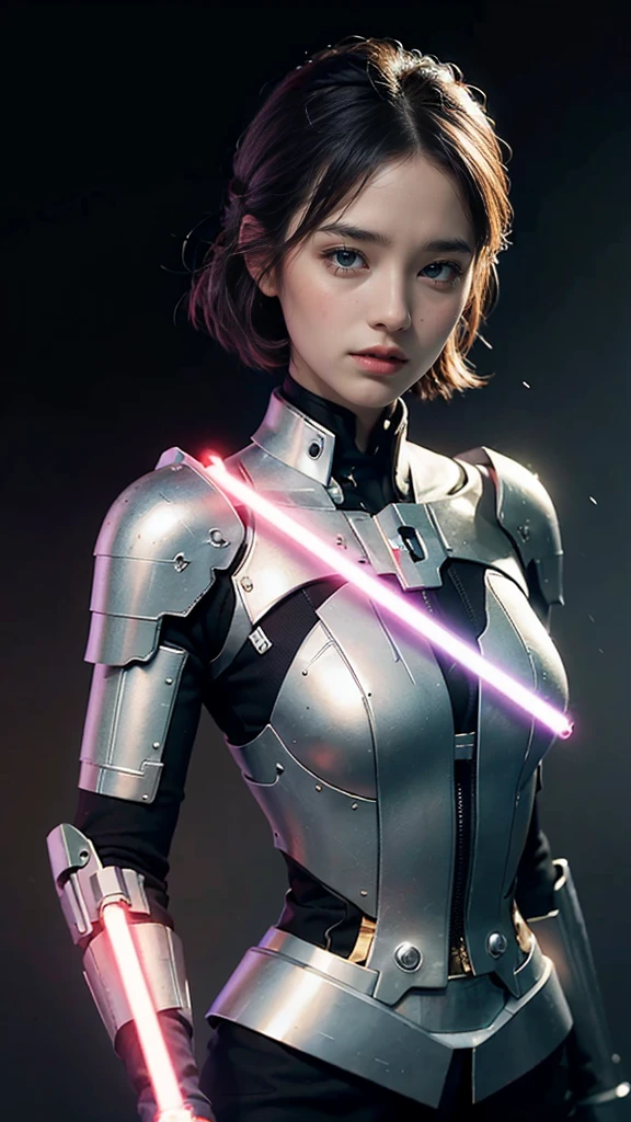 (reality: 1.4), (RAW Photos, Highest quality), （Jedi Knight ）(reality的, Photorealistic Photography: 1.3), Highest quality, Very detailed, masterpieceハイパーディテール, shape, 1 Girl, Made as a human, smile, purple Hair, purple Clothes, purple, ((White lightsaber in hand, （女将軍Jedi Knight ）Grab a lightsaber)), upper_body, Dynamic Angle, World Mastery Theatre, Flying Shorthair, Fluorescent Center, Dynamic fire background, Highest quality, ((Very detailed CG ユニフォーム 8k 壁紙)), ink, wonderful, Cinema Lighting, lens_Flare, wuxia_style、"((超reality的)) Jedi Cyborg, Looks like an empty mountain, ((Mecha Gold Body)), ((Translucent glass limbs)), Mechanic&#39;Costume, ((Fighting Pose)), Dynamic Lighting, Complex reflections, ((エッジの効いたサイバーパンクな女将軍Jedi Knight)).((Wielding a white lightsaber）、（Big eye、Well-formed face）smile,"masterpiece, Highest quality, 1 Girl, Full body portrait, Sensual pose, eye, Multicolored Hair,Sculpted legs and seductive curves, ,Medium milk beautiful milk, Beautiful Face,（女将軍Jedi Knight ）but（A glowing white lightsaber pointed at the viewer）、（Sexy thighs、nipples protrude a little,,、I can see the muscles.、A tight waist is sexy）