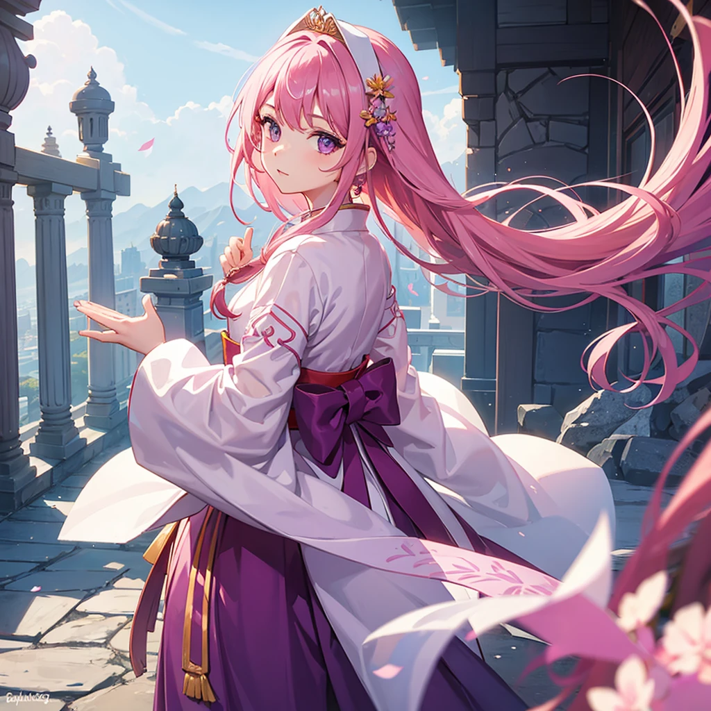 Girl, Pink hair, purple eyes, in the palace, in hanbok