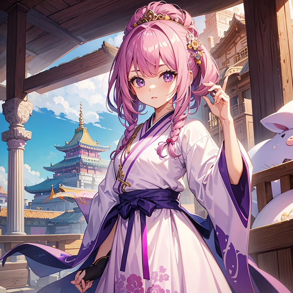 Girl, Pink hair, purple eyes, in the palace, in hanbok
