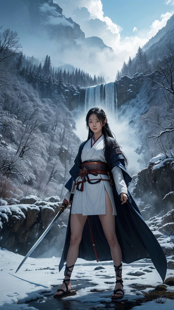 (swordswoman, Hold the sword, Japanese Katana Sword)(Masterpiece 1.4, Best Quality 1.4),1girl, (Detailed skin, Detailed and Beautiful Face 1.4), Long hair, A dark-haired , Hair fluttering in the wind, White and blue kimono, Blood-stained kimono, Sandals, Official art, Good composition, dynamic Pose, detailed portrait, Clouds and mountains background, Samurai, High resolution, Dramatic lighting and shadows, snow escape, In the front of waterfall in the forest.