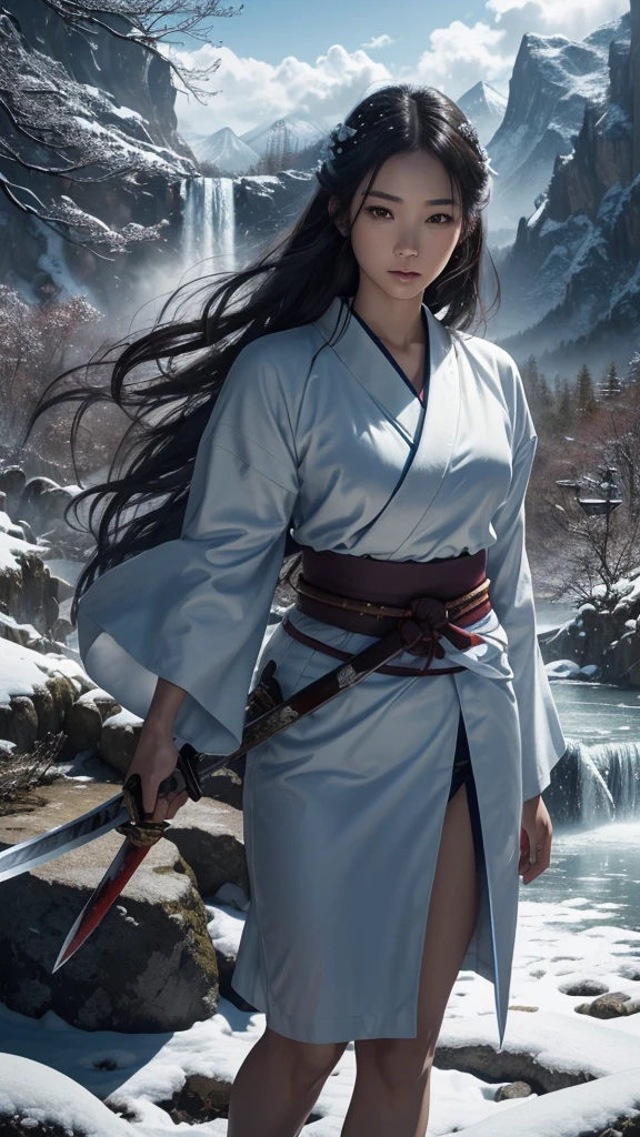 (swordswoman, Hold the sword, Japanese Katana Sword)(Masterpiece 1.4, Best Quality 1.4),1girl, (Detailed skin, Detailed and Beautiful Face 1.4), Long hair, A dark-haired , Hair fluttering in the wind, White and blue kimono, Blood-stained kimono, Sandals, Official art, Good composition, dynamic Pose, detailed portrait, Clouds and mountains background, Samurai, High resolution, Dramatic lighting and shadows, snow escape, In the front of waterfall in the forest.