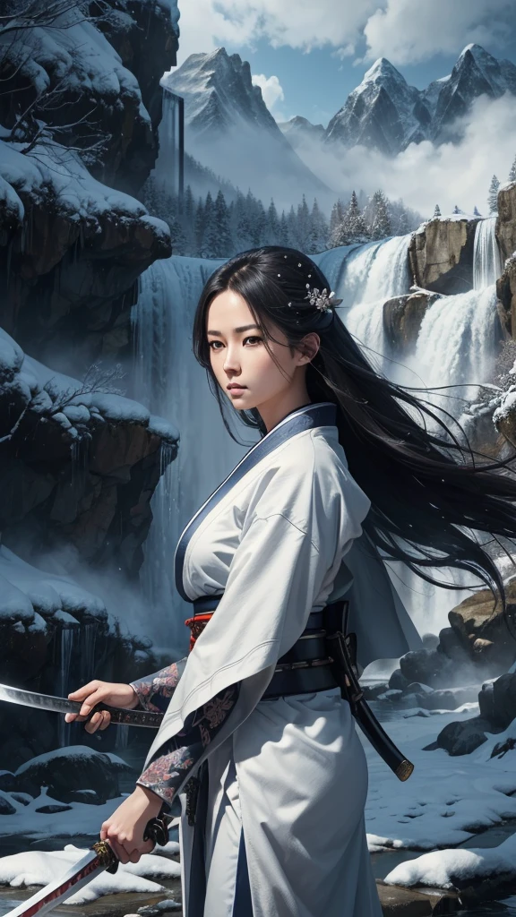 (swordswoman, Hold the sword, Japanese Katana Sword）（Masterpiece 1.4, Best Quality 1.4）,1girl,  (Detailed skin, Detailed and Beautiful Face 1.4), Long hair, A dark-haired , Hair fluttering in the wind, White and blue kimono, Blood-stained kimono, Sandals, Official art, Good composition, dynamic Pose, detailed portrait, Clouds and mountains background, Samurai, High resolution, Dramatic lighting and shadows, snow escape, In the front of waterfall in the forest.