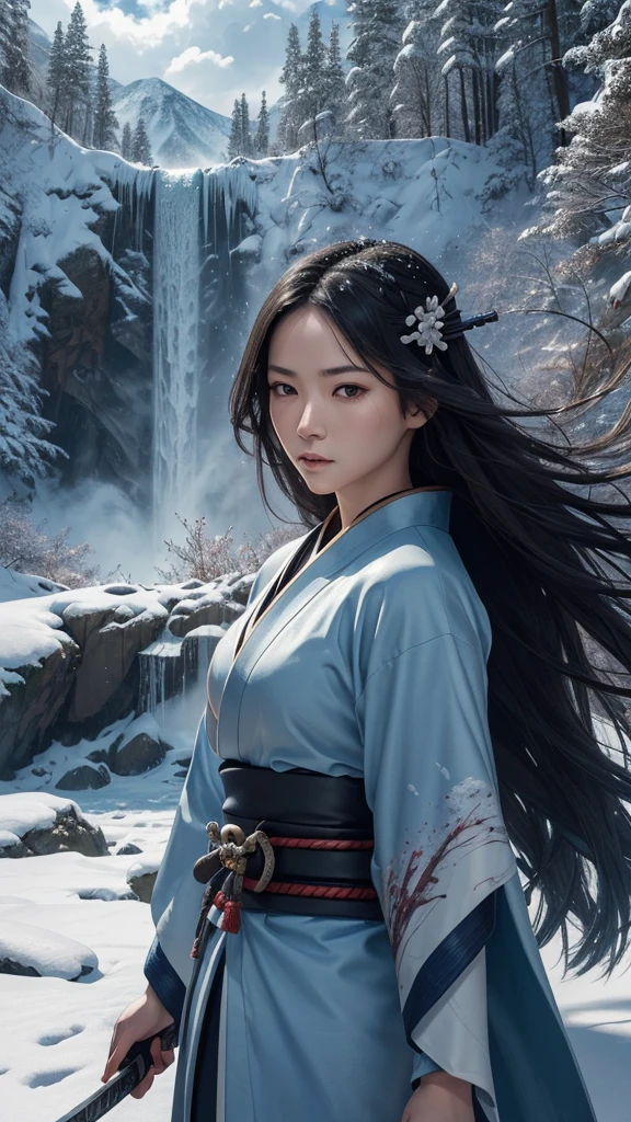 (swordswoman, Hold the sword, Japanese Katana Sword）（Masterpiece 1.4, Best Quality 1.4）,1girl,  (Detailed skin, Detailed and Beautiful Face 1.4), Long hair, A dark-haired , Hair fluttering in the wind, White and blue kimono, Blood-stained kimono, Sandals, Official art, Good composition, dynamic Pose, detailed portrait, Clouds and mountains background, Samurai, High resolution, Dramatic lighting and shadows, snow escape, In the front of waterfall in the forest.