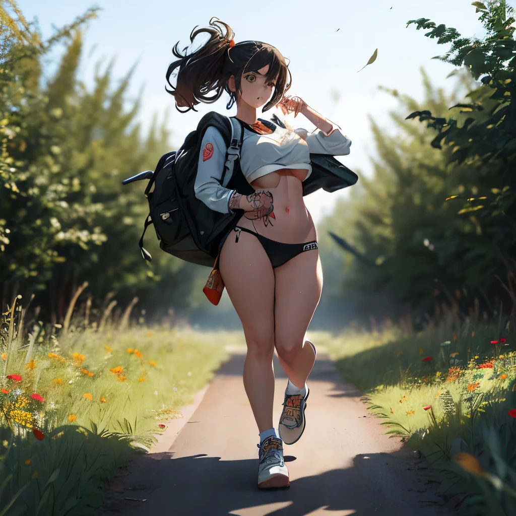 masterpiece, 1girl, huge and heavy breasts, wide hips, female focus, solo, grass, eye-level, a cartoon-like illustration of a girl skateboarding on a blue skateboard with orange wheels. The girl is wearing a white wet undersized overboob crop-top, mini thongs, black socks, sneakers, and a backpack on her back. She has tattoos on her breasts. The background is a vibrant blue sky with white bubbles floating in the air. To the left and right of the girl are two large mushrooms that are orange in color. The mushrooms are floating in a field of wildflowers, adding a pop of color to the scene. Fashion photography, best quality, award winning photograph, depth of field, sharp focus, vibrant colors, realistic lighting, detailed shadows