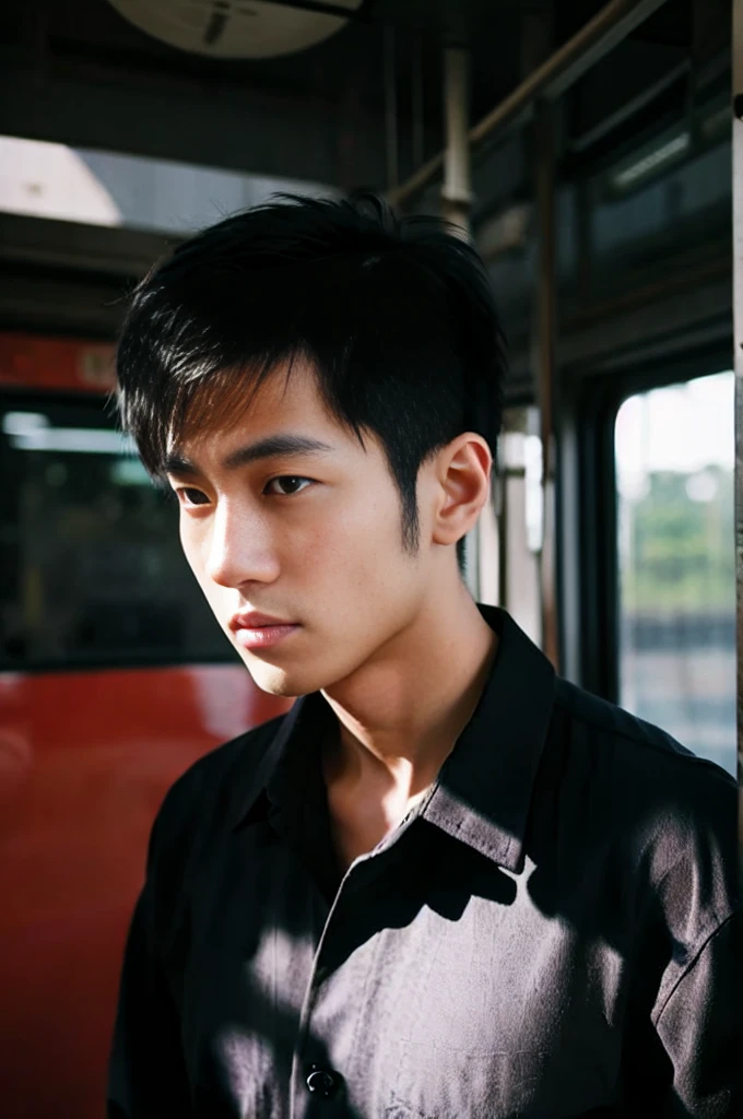young asian man looking at camera In a black button-down shirt , By the train, sunlight 