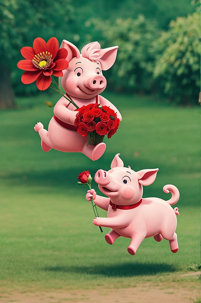 Cartoon pig running holding a bouquet of red flowers