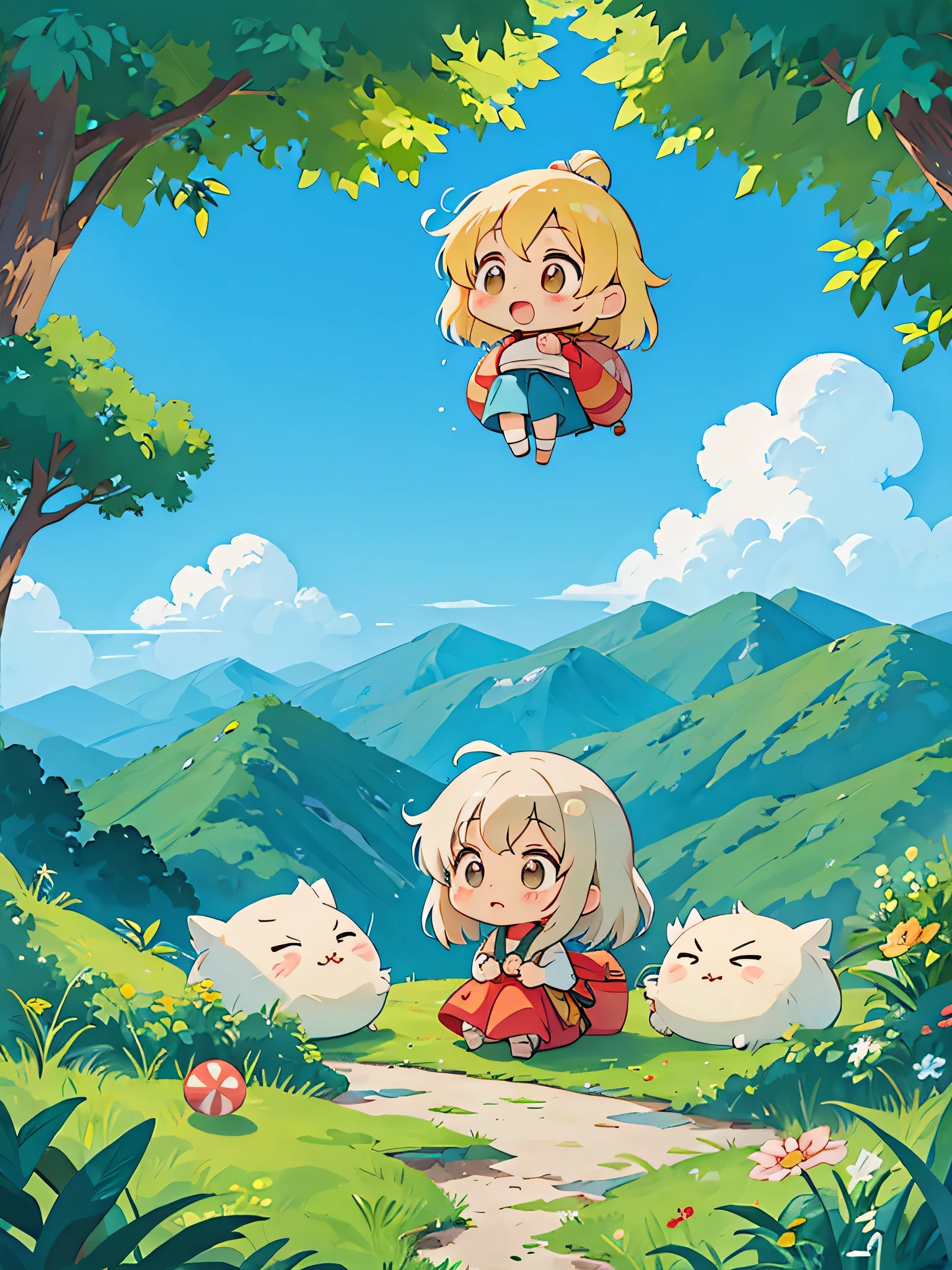 Hayao Miyazaki style, Kawaii Design, The most beautiful girl of all time、chibi, Hermit Summer Mountain, ,Mountaineering, hot summer