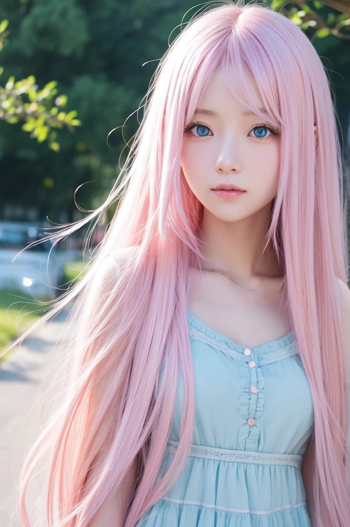 Draw a girl with long light pink hair。The tips of my hair are light blue。Your eyes are blue。She&#39;s wearing a blue and purple mermaid outfit。