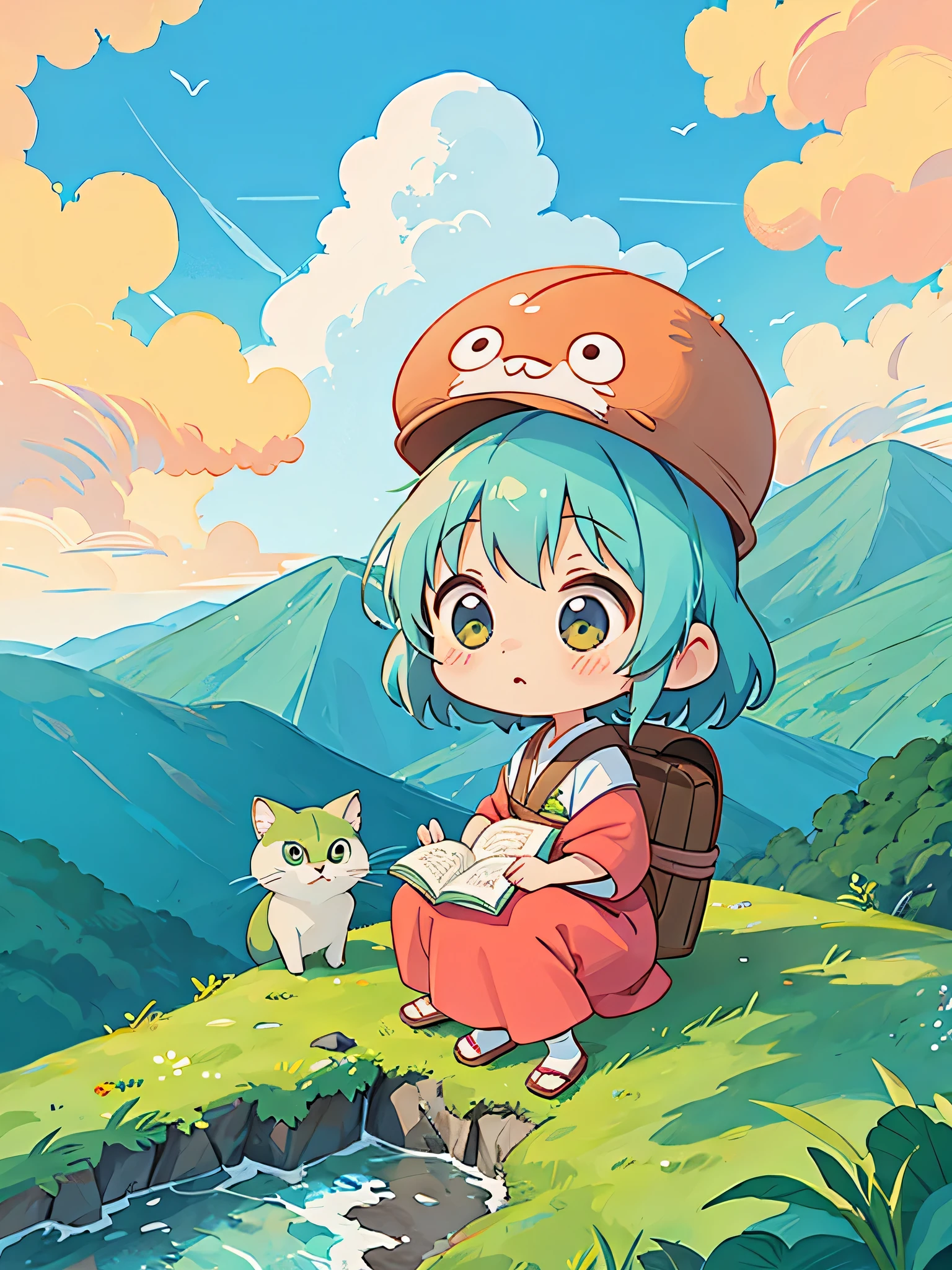 Hayao Miyazaki style, Kawaii Design, The most beautiful girl of all time、chibi, Hermit Summer Mountain, ,Mountaineering, hot summer