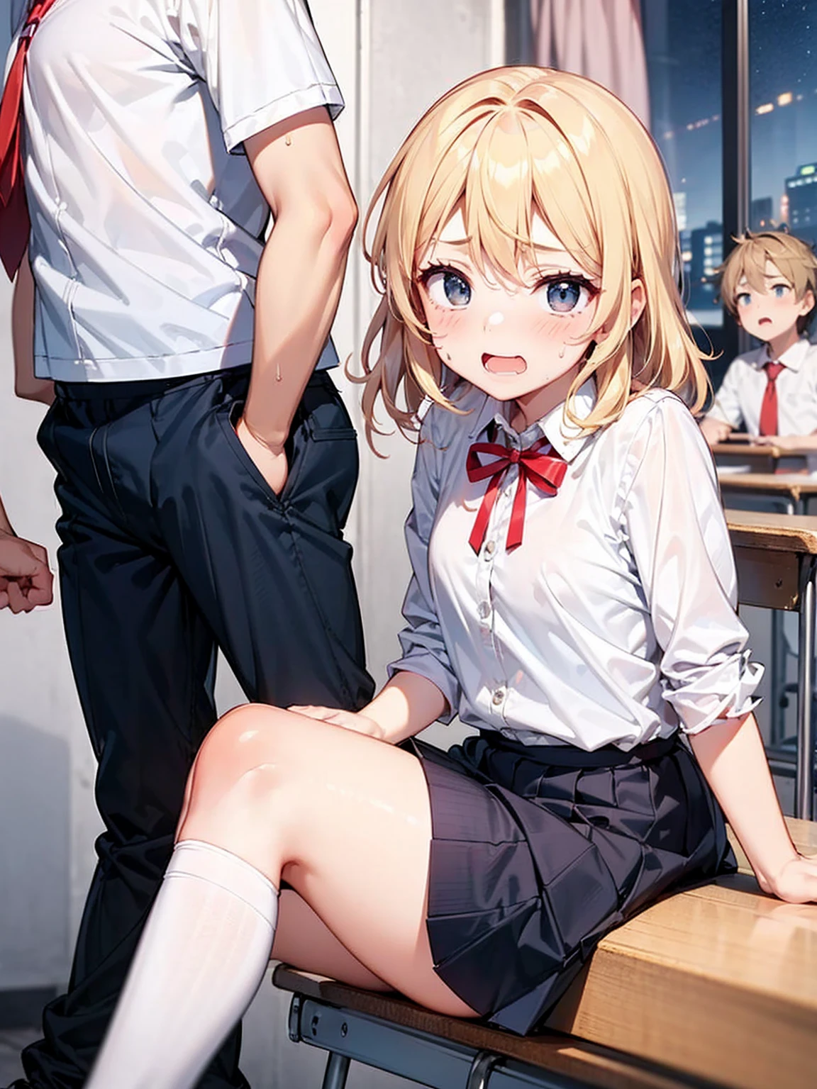 Highest quality,Highest quality,一人のboy,Multiple Girls,((((10 years old)))), Surrounded by girls,Flat Chest,orgasm,blush, Sweat, Sakurai Momoka,blonde,White Sarah Outfit,Navy Blue Skirt, Not a long pleated skirt,whole body,night classroom, Grey pantyhose、Navy Blue Skirtをめくる、Spread your legs,Blowjob, boy, Being bullied by a girl