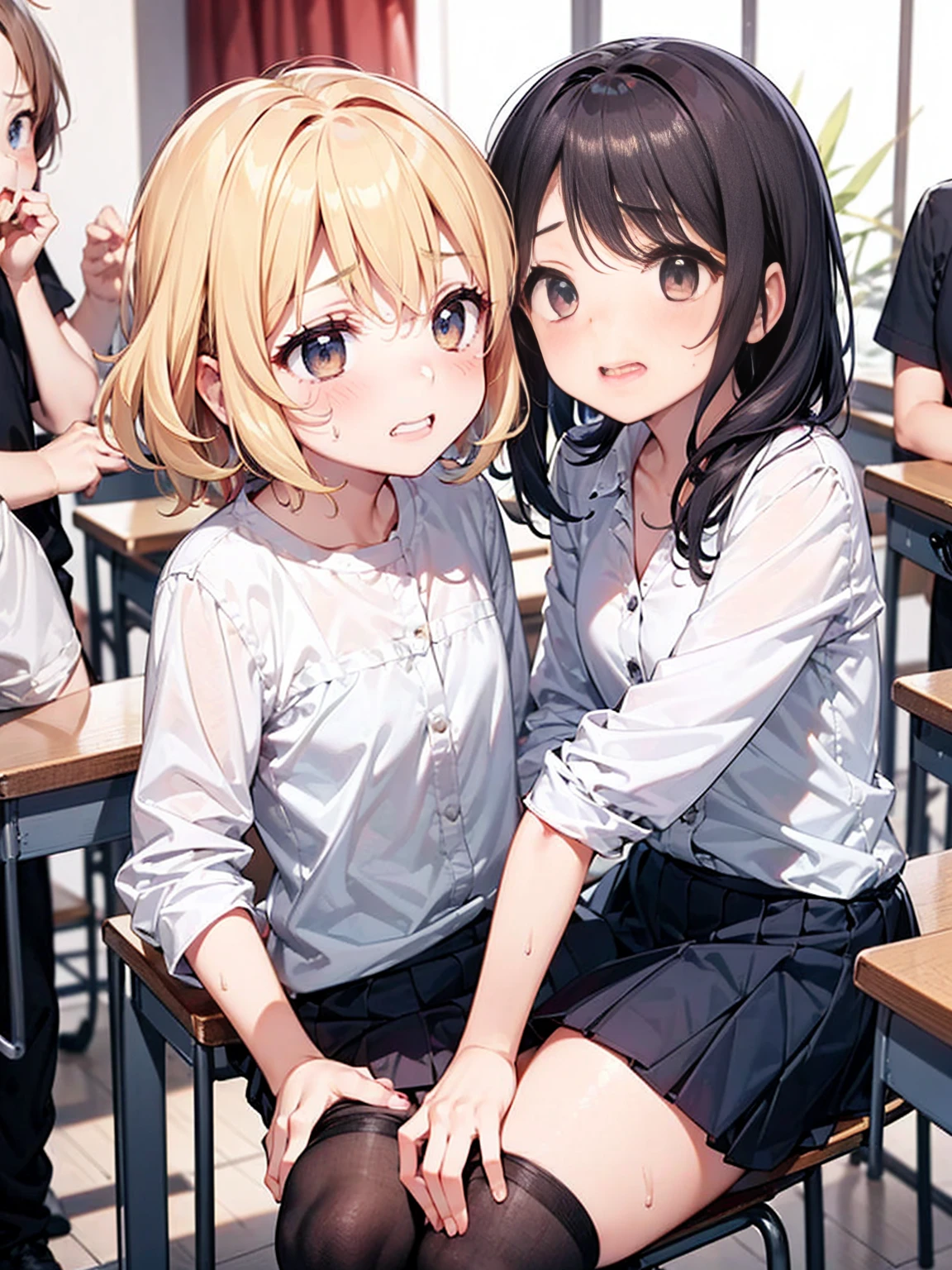 Highest quality,Highest quality,一人のboy,Multiple Girls,((((10 years old)))), Surrounded by girls,Flat Chest,orgasm,blush, Sweat, Sakurai Momoka,blonde,White Sarah Outfit,Navy Blue Skirt, Not a long pleated skirt,whole body,night classroom, Grey pantyhose、Navy Blue Skirtをめくる、Spread your legs,Blowjob, boy, Being bullied by a girl