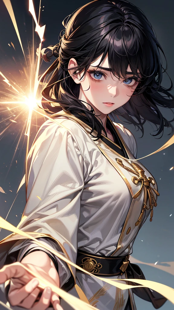 Highest quality, Ultra-high resolution, (Realistic: 1.4), Beautiful eyes, Super beautiful, Beautiful beauty, One person、Wizard, Japanese style white and gold tones、Controlling Lightning、whole body、(Black Hair、Medium Hair、Updo Hair),Beautiful soldier, Eyes that beckon, Droopy eyeistress's point of view, Attractive look, Fearless smile, (Perfect Anatomy, Anatomically correct, Highly detailed skin), Dancing, snow