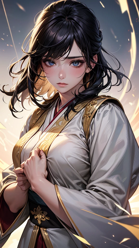 Highest quality, Ultra-high resolution, (Realistic: 1.4), Beautiful eyes, Super beautiful, Beautiful beauty, One person、Wizard, Japanese style white and gold tones、Controlling Lightning、whole body、(Black Hair、Medium Hair、Updo Hair),Beautiful soldier, Eyes that beckon, Droopy eyeistress's point of view, Attractive look, Fearless smile, (Perfect Anatomy, Anatomically correct, Highly detailed skin), Dancing, snow