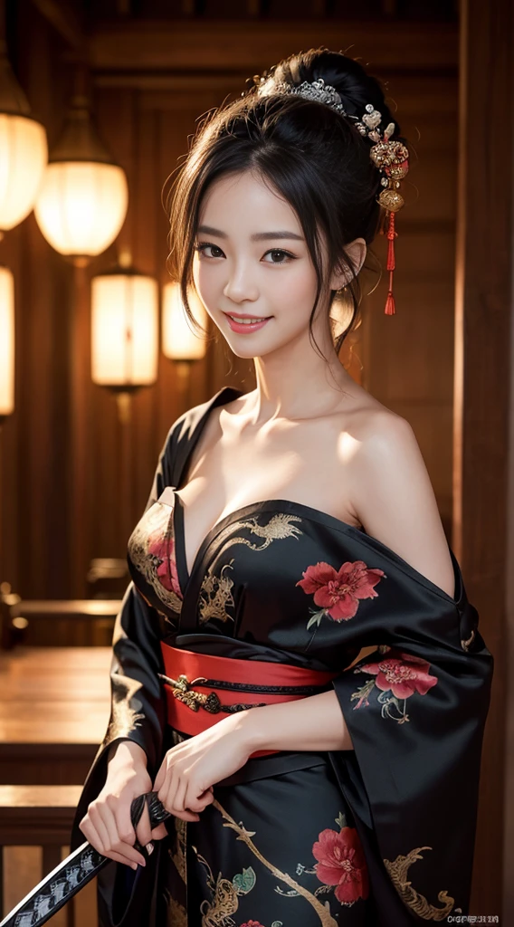 8K Ultra HD, Digital SLR,Film Grain, Fujifilm XT3,(Highest quality:1.3), (masterpiece:1.1), High resolution, Cinematic Light, Intricate details, (Realistic) (Night view) Realistic backlight、Dramatic reddish light、Beautiful Japanese Geisha full body photo, ((Facial texture Pore details)), Grin、Devilish smile, Simple messy hairstyle, She wears a black satin kimono decorated with traditional dragon motifs.., Open shoulders, Colorful dragon tattoos all over the body, Has a long blade, Long-bladed Japan sword in hand,Inside a traditional villa, 8K, Front blur