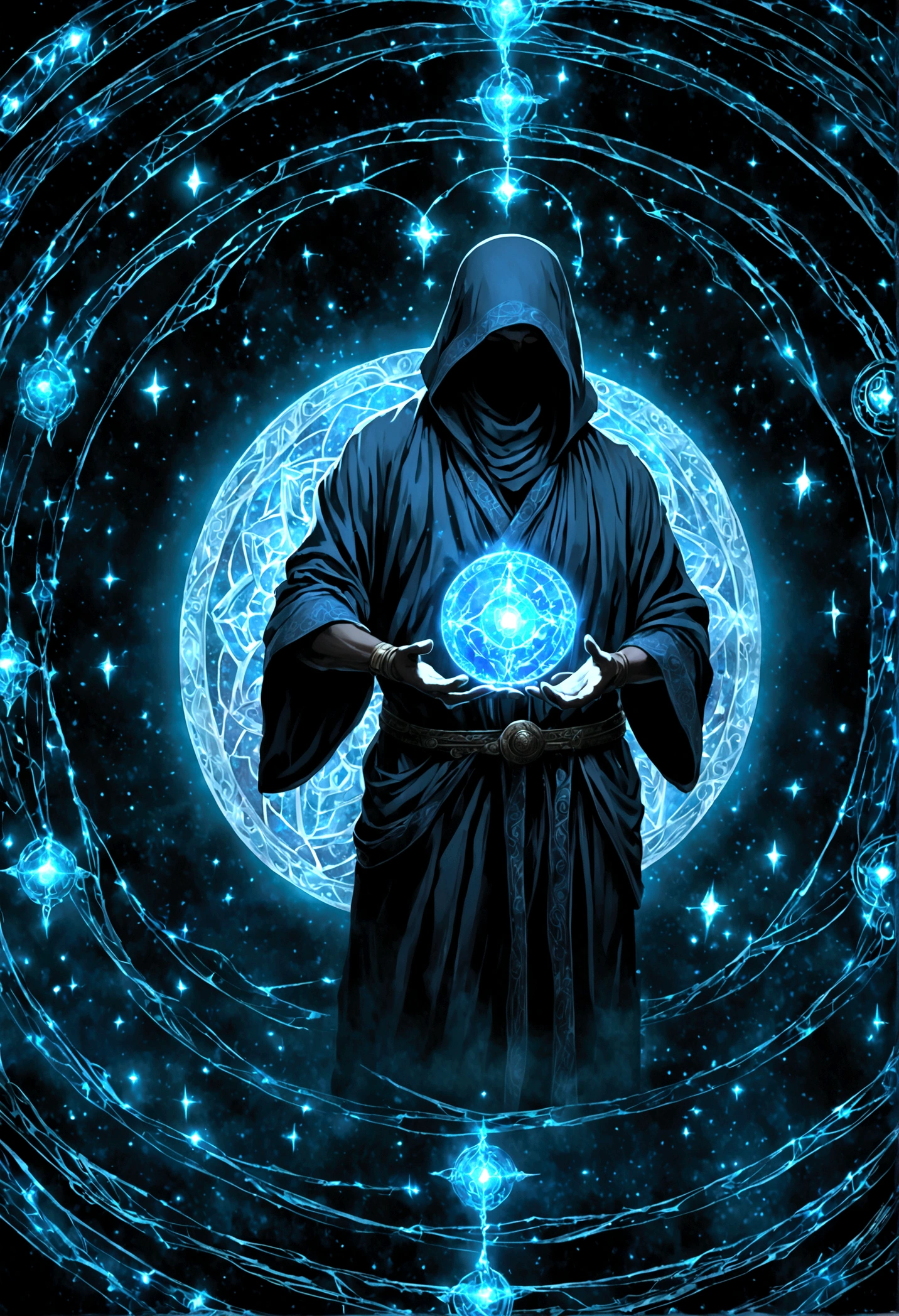 Mysterious ninja standing sideways holding a blue glowing star in his hand ( Correct and perfect anatomy ) Flowing robe, A man wearing a beige hooded robe with swirling starry magic energy(flying robe))Man mysterious ninja sideways, face partially obscured by turban or mask, holding a blue glowing star in hand with blue fire power on the side, background is a huge star shaped blue light magic circle,

              Mystic Fantasy Art Mystical Blue Light Runes Hovering Around  (cinematic), meticulously made, Magical power, A detailed and intricate masterpiece of magic circles, Lighting effects Highly detailed fantasy magic concept art Highly detailed HD cinematic magic fantasy Gorgeous digital art