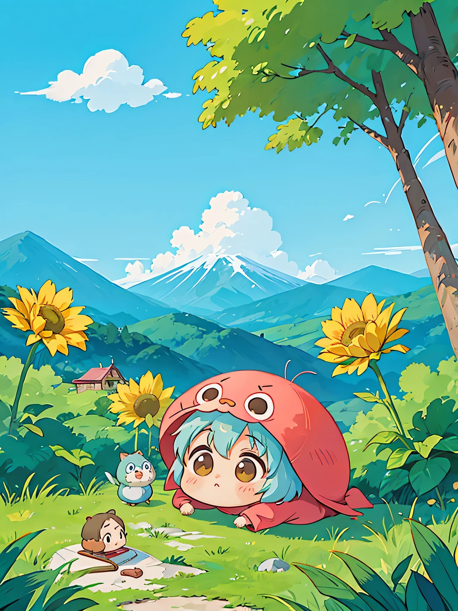 Hayao Miyazaki style, Kawaii Design, The most beautiful girl of all time、chibi, Hermit Summer Mountain, ,Mountaineering, hot summer
