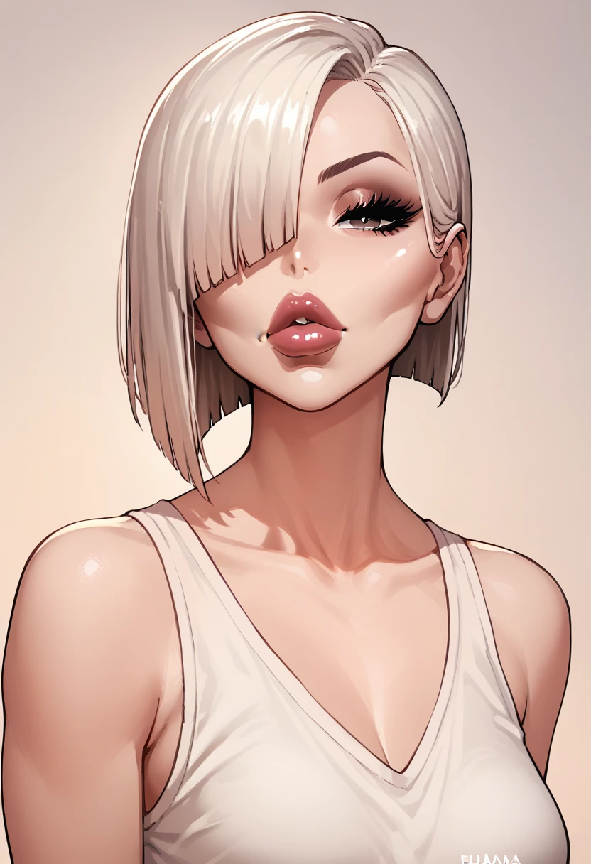 Face-off, hair cut, expressive eyes, sexy lips, beautiful face, woman, bangs cover one eye, hd