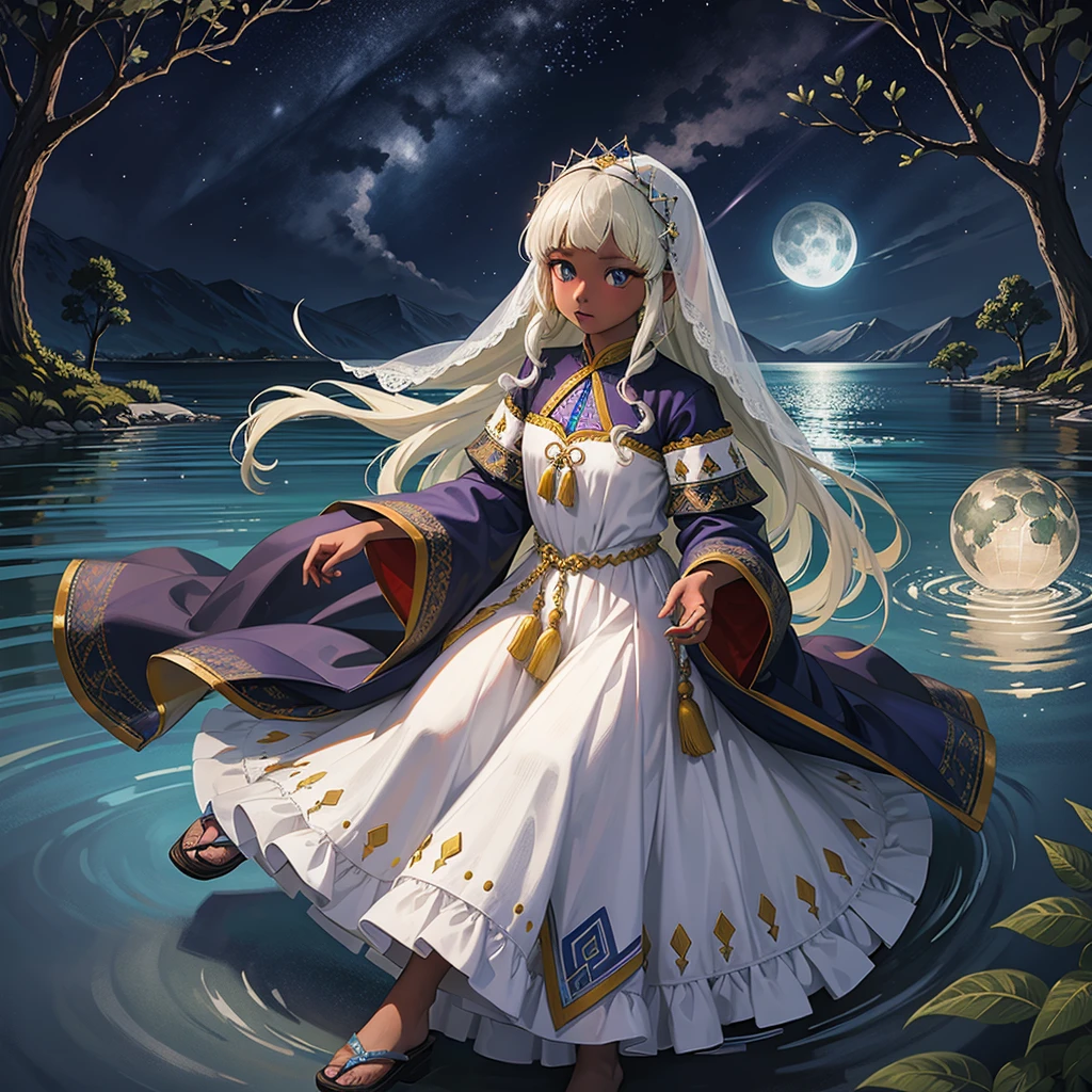 最high quality、high quality、10 years old、Brightly embroidered folk costumes from Central Asia and the Caspian Sea region、Bride Girl、Moonlight meadow、moonlight、Long dress