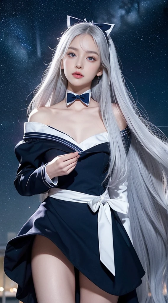 long silver-white hair and waist,stray hair curtain,two hair curtains,Dark purple eyes,high light,Dear students,a fancy turn,Like dancing,Dark blue sailor uniform off-shoulder dress,White bloomers show some.,light blue bow tie,crystal hairpin,Under the starry night sky,,chiquita,medium build,