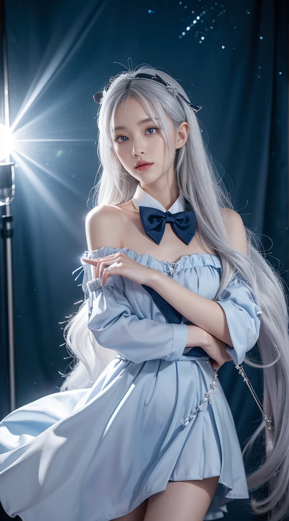 long silver-white hair and waist，stray hair curtain，two hair curtains，Dark purple eyes，high light，Dear students，a fancy turn，Like dancing，Dark blue sailor uniform off-shoulder dress，White bloomers show some.，light blue bow tie，crystal hairpin，Under the starry night sky，，chiquita，medium build，
